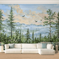 Watercolor Green Forest & Mountain Wall Mural
