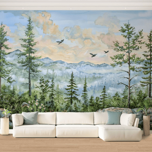 Watercolor Green Forest & Mountain Wall Mural