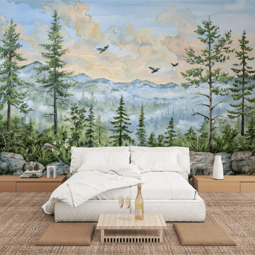 Watercolor Green Forest & Mountain Wall Mural