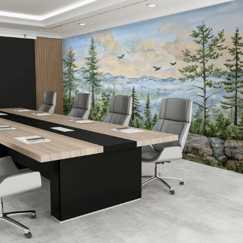 Watercolor Green Forest & Mountain Wall Mural