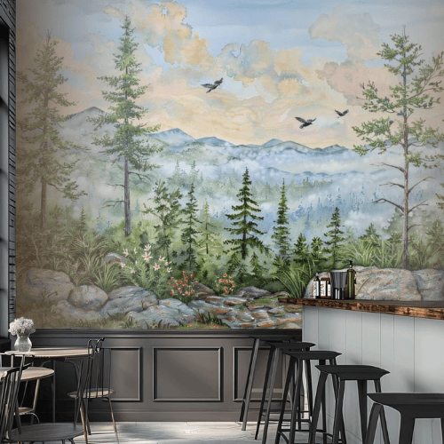 Watercolor Green Forest & Mountain Wall Mural