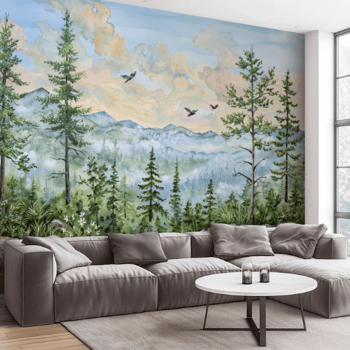 Watercolor Green Forest & Mountain Wall Mural