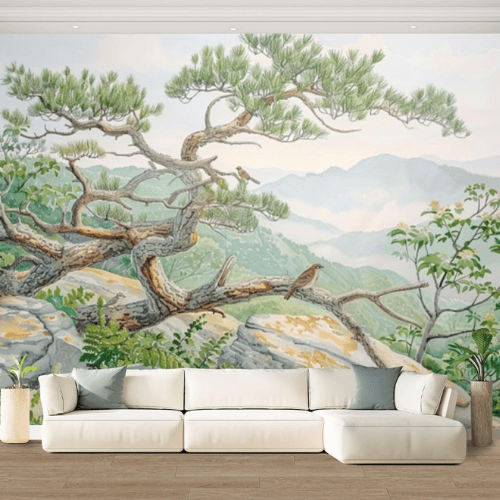Watercolor Green Forest & Mountain Wall Mural