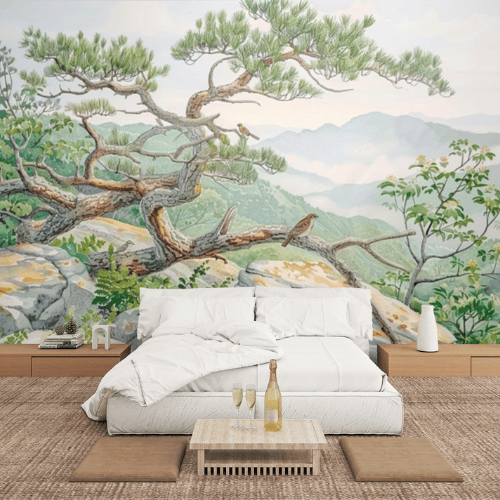 Watercolor Green Forest & Mountain Wall Mural