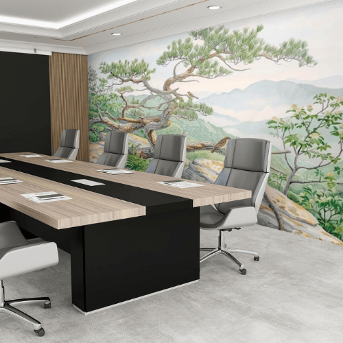 Watercolor Green Forest & Mountain Wall Mural