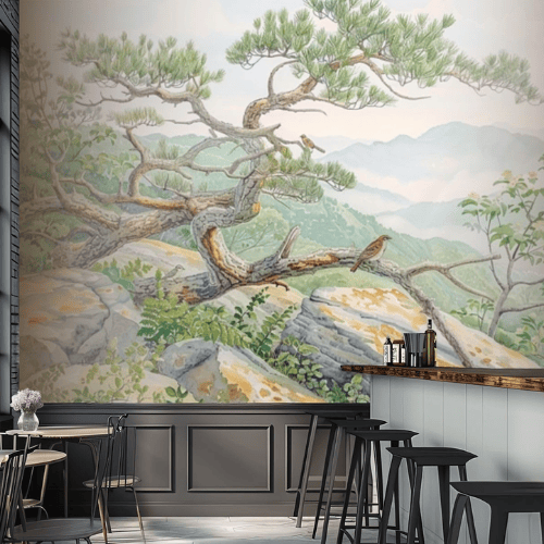 Watercolor Green Forest & Mountain Wall Mural