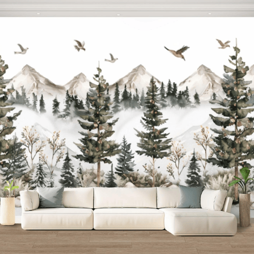 Watercolor Green Forest & Mountain Wall Mural