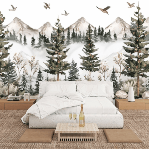 Watercolor Green Forest & Mountain Wall Mural