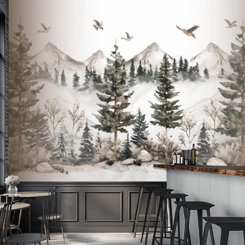 Watercolor Green Forest & Mountain Wall Mural