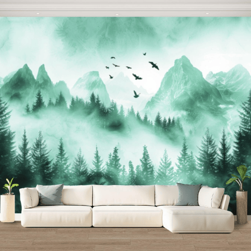 Watercolor Green Forest & Mountain Wall Mural