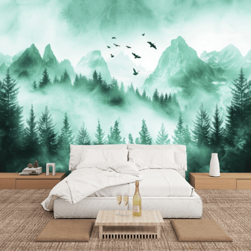 Watercolor Green Forest & Mountain Wall Mural