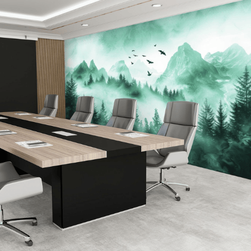 Watercolor Green Forest & Mountain Wall Mural