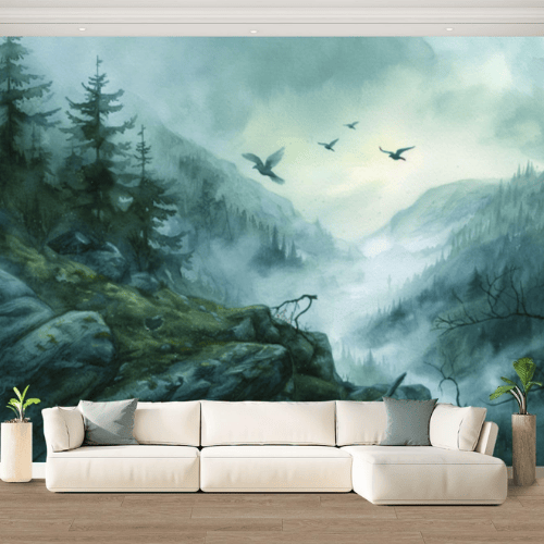 Watercolor Green Forest & Mountain Wall Mural