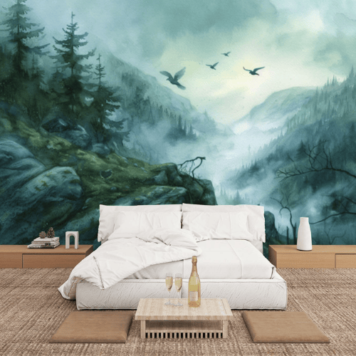 Watercolor Green Forest & Mountain Wall Mural