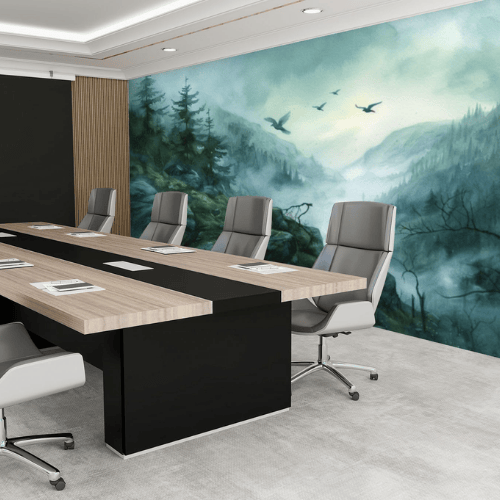 Watercolor Green Forest & Mountain Wall Mural