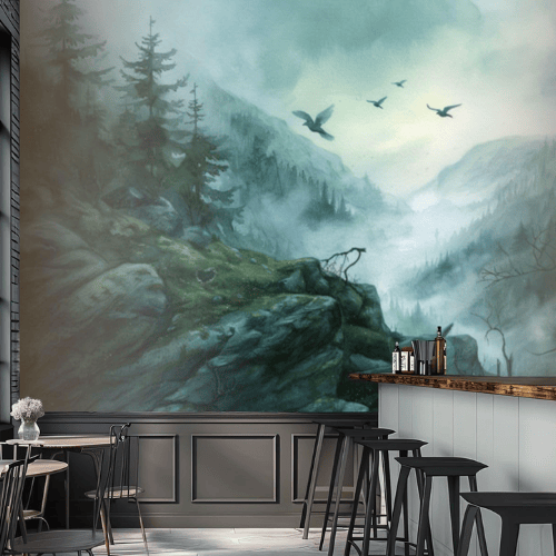 Watercolor Green Forest & Mountain Wall Mural