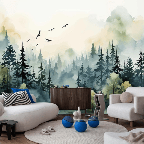 Watercolor Green Forest & Mountain Wall Mural