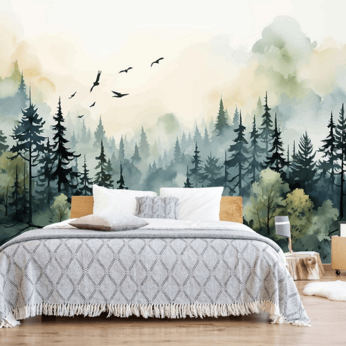 Watercolor Green Forest & Mountain Wall Mural