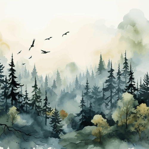 Watercolor Green Forest & Mountain Wall Mural