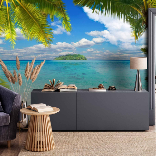 Tropical Island Wall Mural – Palm Tree & Beach Landscape Decor for Living Rooms & Bedrooms
