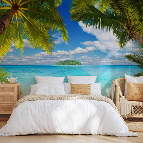 Tropical Island Wall Mural – Palm Tree & Beach Landscape Decor for Living Rooms & Bedrooms