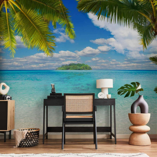 Tropical Island Wall Mural – Palm Tree & Beach Landscape Decor for Living Rooms & Bedrooms