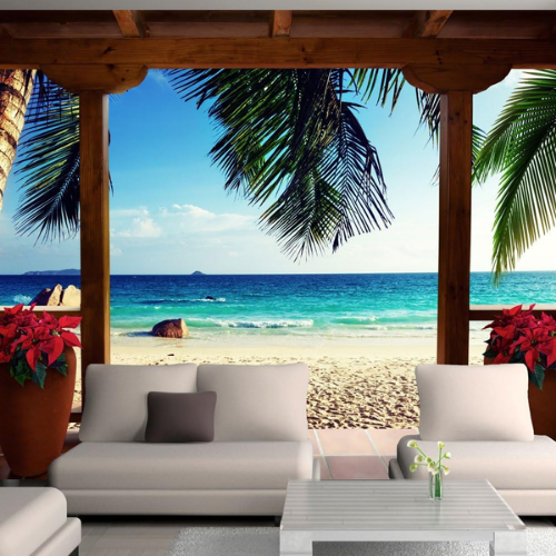 Tropical Island Wall Mural – Palm Tree & Beach Landscape Decor for Living Rooms & Bedrooms