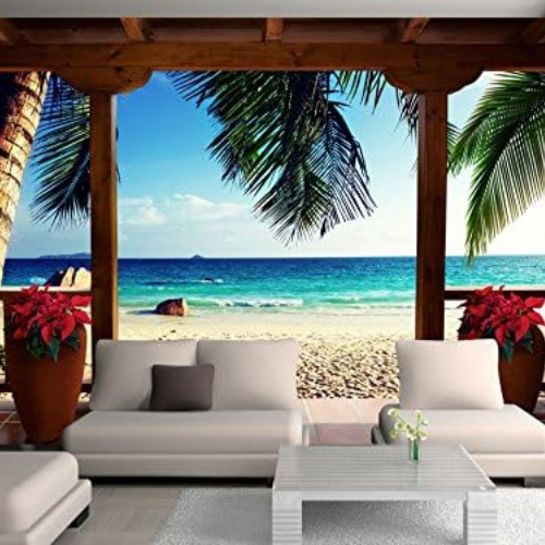Tropical Island Wall Mural – Palm Tree & Beach Landscape Decor for Living Rooms & Bedrooms
