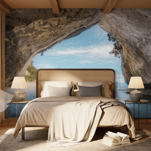 Tropical Island Wall Mural – Palm Tree & Beach Landscape Decor for Living Rooms & Bedrooms