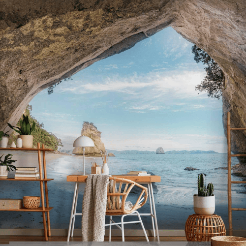 Tropical Island Wall Mural – Palm Tree & Beach Landscape Decor for Living Rooms & Bedrooms