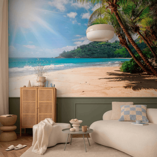 Tropical Island Wall Mural – Palm Tree & Beach Landscape Decor for Living Rooms & Bedrooms