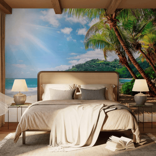 Tropical Island Wall Mural – Palm Tree & Beach Landscape Decor for Living Rooms & Bedrooms