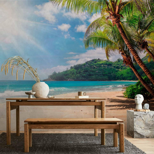Tropical Island Wall Mural – Palm Tree & Beach Landscape Decor for Living Rooms & Bedrooms