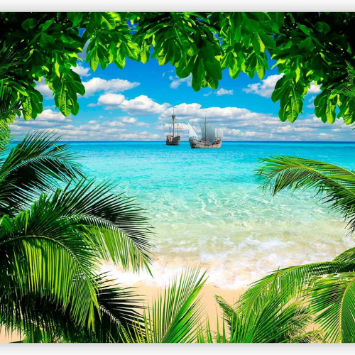Tropical Island Wall Mural – Palm Tree & Beach Landscape Decor for Living Rooms & Bedrooms