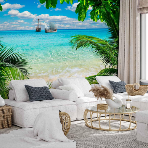 Tropical Island Wall Mural – Palm Tree & Beach Landscape Decor for Living Rooms & Bedrooms