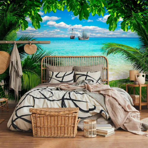 Tropical Island Wall Mural – Palm Tree & Beach Landscape Decor for Living Rooms & Bedrooms