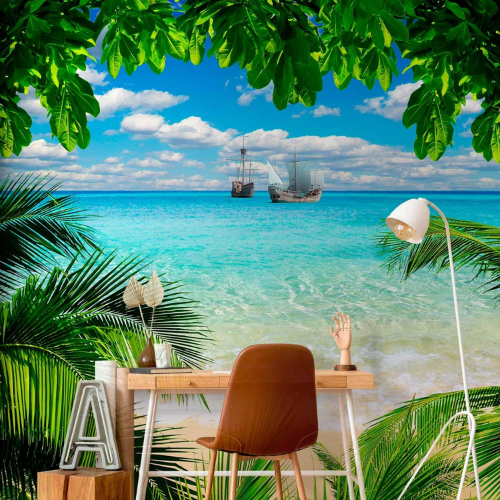 Tropical Island Wall Mural – Palm Tree & Beach Landscape Decor for Living Rooms & Bedrooms