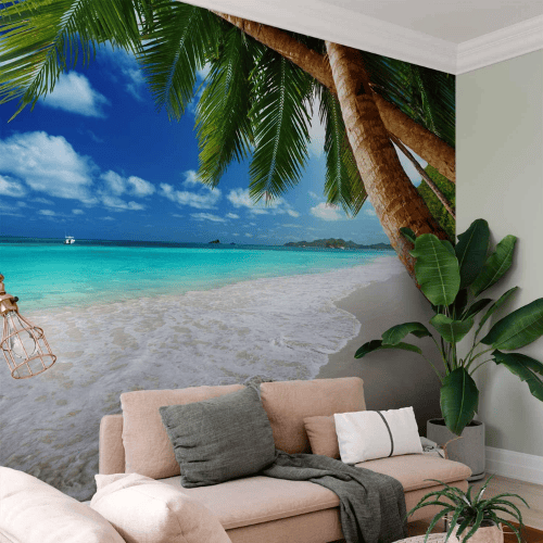 Tropical Island Wall Mural – Palm Tree & Beach Landscape Decor for Living Rooms & Bedrooms