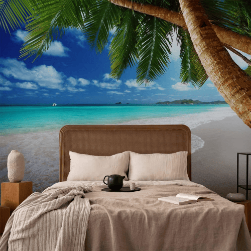 Tropical Island Wall Mural – Palm Tree & Beach Landscape Decor for Living Rooms & Bedrooms