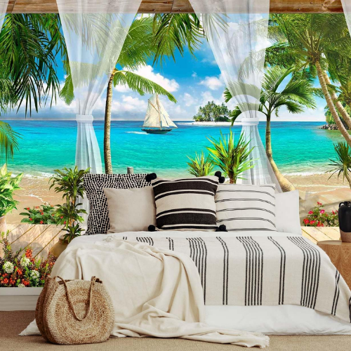 Tropical Beach Seascape Non-Woven Silk Fabric Wallpaper Mural