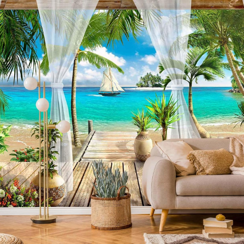 Tropical Beach Seascape Non-Woven Silk Fabric Wallpaper Mural