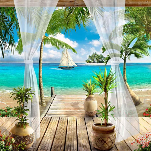 Tropical Beach Seascape Non-Woven Silk Fabric Wallpaper Mural