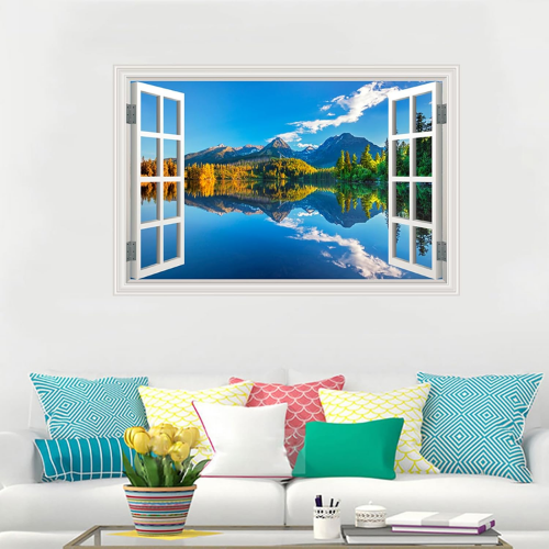 Fake Window Summer Mountain & Lake Scenery Wall Mural