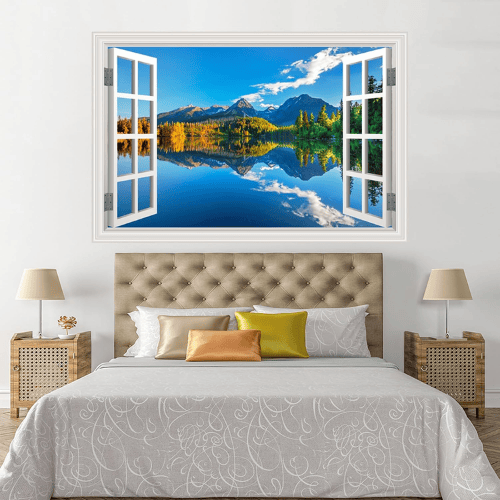 Fake Window Summer Mountain & Lake Scenery Wall Mural