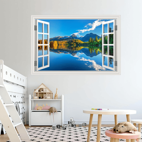 Fake Window Summer Mountain & Lake Scenery Wall Mural