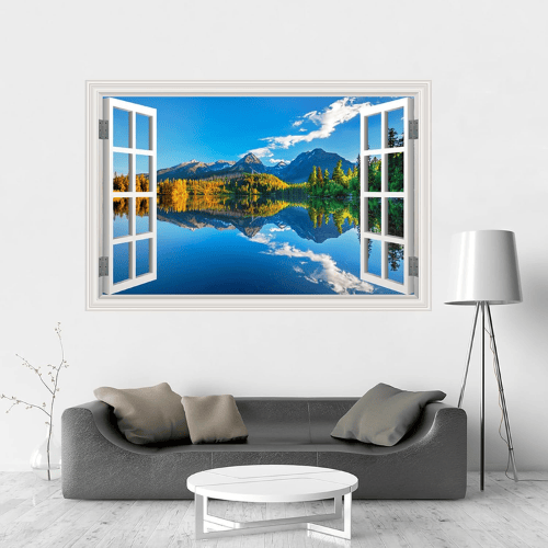 Fake Window Summer Mountain & Lake Scenery Wall Mural
