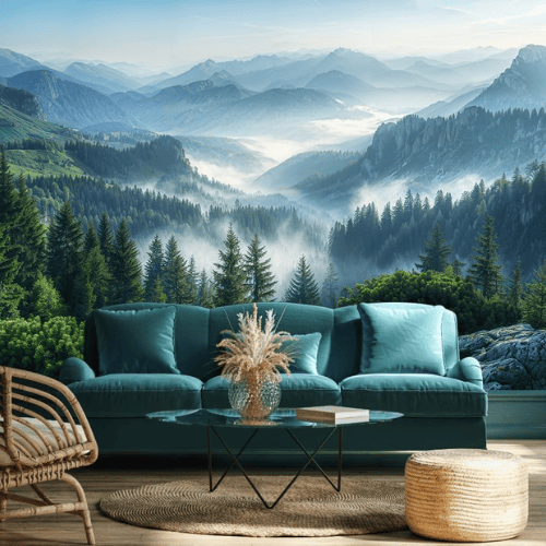 Vintage Foggy Mountain Scenery Self-Adhesive Wall Mural