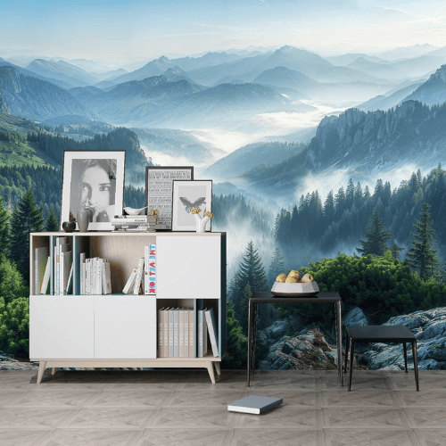 Vintage Foggy Mountain Scenery Self-Adhesive Wall Mural
