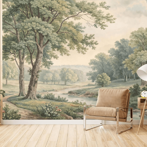 Vintage Foggy Mountain Scenery Self-Adhesive Wall Mural