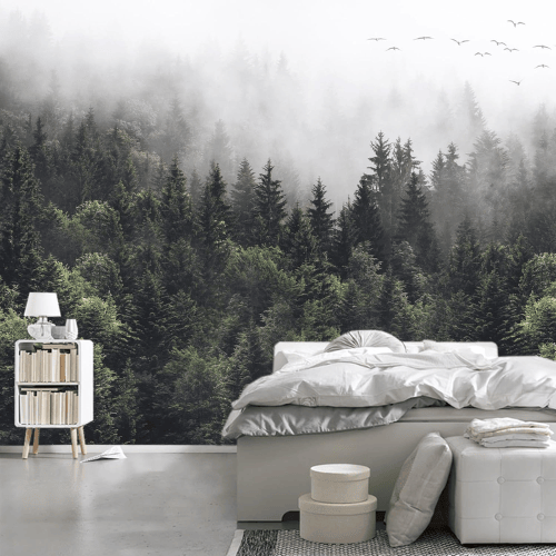 Vintage Foggy Mountain Scenery Self-Adhesive Wall Mural
